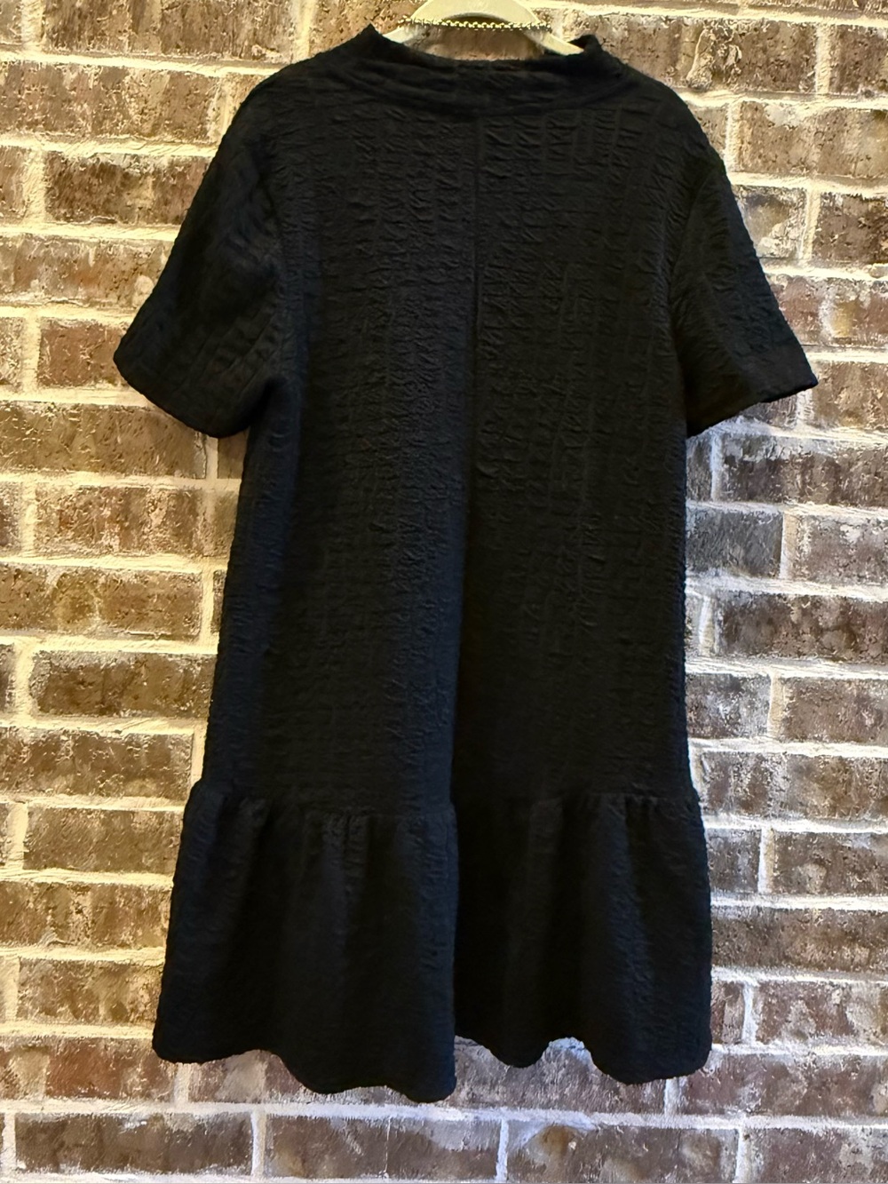Zara Black Textured Mini Dress Short Sleeve Babydoll Swing Dress. Size L